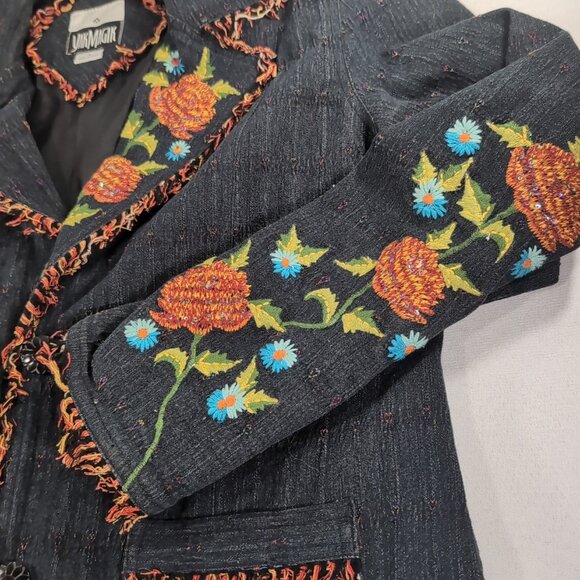 Yak Magik Denim Jacket Collar Embroidered Floral Fringe Sequin Blazer Blue Red L - Picture 4 of 16